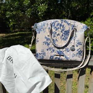 Brahmin Cream and Blue Floral Croc-Embossed Satchel